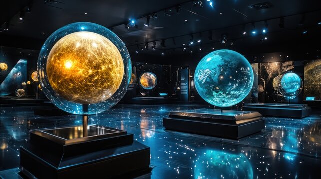Interior shot of a futuristic space exhibit of planet spheres