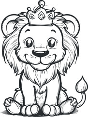 A cute cartoon lion wearing a crown, perfect for children's illustrations and coloring activities.