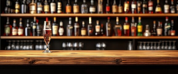 Elegant wooden bar top with champagne flute and blurred liquor bottles backdrop