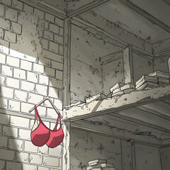 Obraz premium Red bra hangs in dilapidated building; sunlit brick wall, stacked boxes; post-apocalyptic setting, game asset