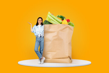 A customer stands next to a large paper bag filled with fresh produce. The vibrant background...