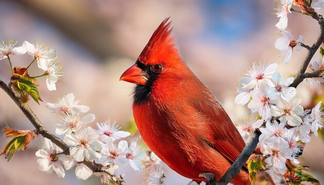 cardinal amid spring tree blossoms