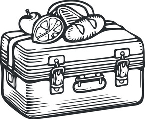 A vintage suitcase filled with various fruits perfect for travel and outdoor adventures.