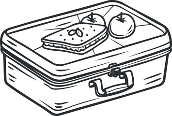 A sketch of a lunchbox containing a sandwich and two tomatoes ideal for meal prep.