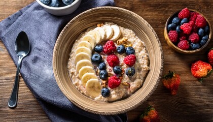 oatmeal bowl with berries and banana on a wooden table background