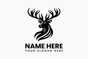 Elegant black deer logo icon vector, minimalist animal silhouette design isolated on white background for nature branding and outdoor identity