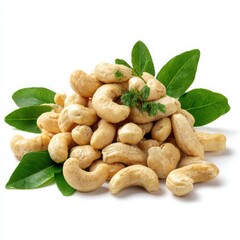 Fototapeta premium Pile of cashews with leaves on white background