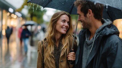 Fototapeta premium Happy young couple sharing umbrellas in the rain while enjoying each other's company on a city street