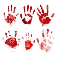 Set hand print in red paint isolated on white --v 7.0
