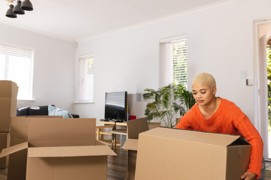Woman unpacking moving boxes in modern living room, with flat-screen TV, sofa and plant, copy space