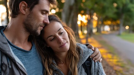 Obraz premium Tender Moment of a Couple Embracing in Nature During Golden Hour Sunset in a Park