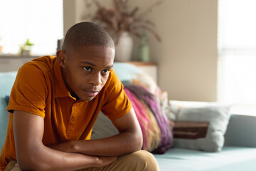 Teenage African American boy leaning forward on sofa in living room with potted plant, copy space