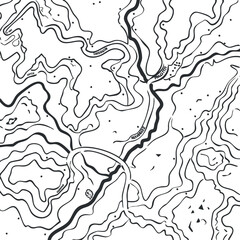 Black and white topographic map illustrating contours and routes in an abstract landscape.
