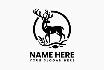 Minimalist deer vector logo icon in black silhouette style, isolated forest animal illustration for outdoor and wildlife-themed branding 