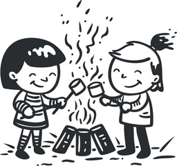 Two happy children toasting marshmallows over a campfire in a playful outdoor setting