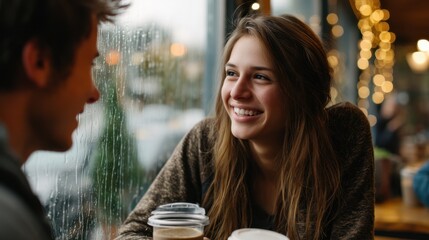 Smiling young woman enjoying coffee with friend in cozy café on rainy day with decorative lights in background