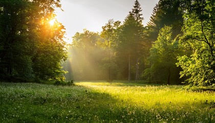 a serene forest glade bathed in sunlight