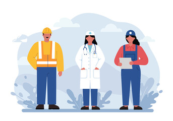 A colorful illustration celebrating International Workers' Day, showcasing a diverse group of professionals standing together in solidarity