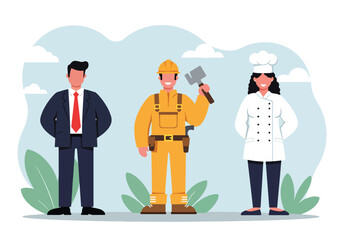 A colorful illustration celebrating International Workers' Day, showcasing a diverse group of professionals standing together in solidarity