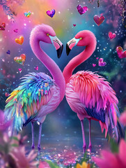 Romantic Flamingo Heart Illustration: A Colorful and Playful Digital Artwork for Valentine's Day Decor with Vibrant Pink Feathers and Exotic Tropical Flair