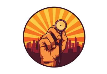 A powerful logo badges illustration for International Workers' Day, featuring a hand holding against a city skyline backdrop, symbolizing the strength and artistry of labor