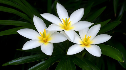 Obraz premium Three White Flowers With Yellow Centers On Dark Background