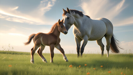 Obraz premium Playful Foal with Mother in a Green Meadow