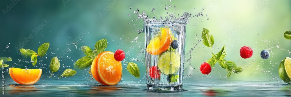 Poster refreshing glass of water with splashing fruits and mint demonstrating hydration and vitality in a v