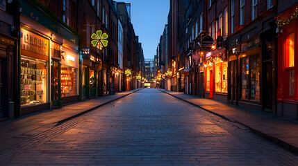 Obraz premium Pixelated Evening Street Scene With Illuminated Shops
