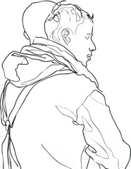 A minimalist line art illustration depicting a stylized figure in an abstract pose.