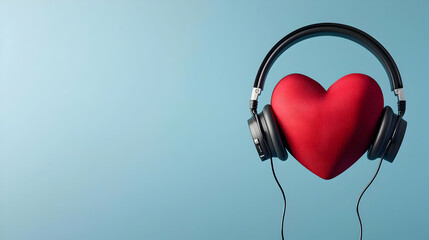 Red Heart Shaped Headphones on Light Blue Background