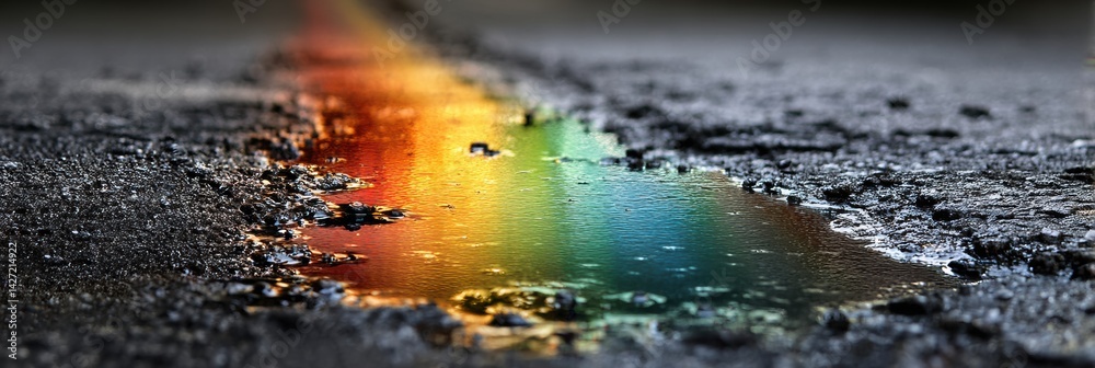 Poster intricate rainbow refraction in a close-up oil puddle on asphalt after rain creates a vivid display 