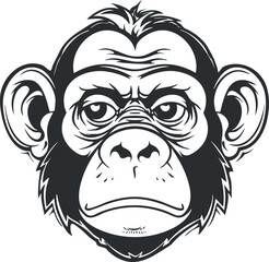 A detailed black and white illustration of a chimpanzee face showcasing its expressive features.