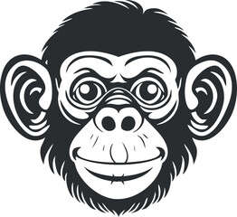 A playful cartoon illustration of a smiling monkey face with large expressive eyes.
