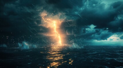 Fototapeta premium Lightning strikes the ocean during a dramatic and powerful storm