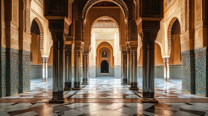 Interior of an ornate palace with many columns and arches