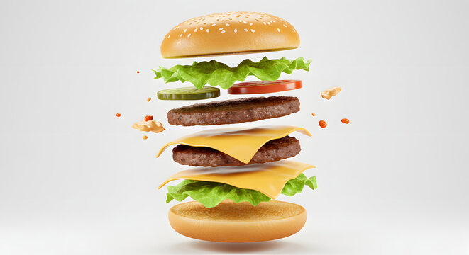 Hamb&uacute;rguer flutuante com camadas - conceito de comida r&aacute;pida