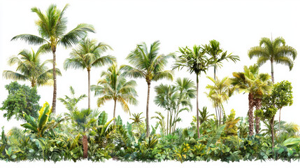Obraz premium An assortment of lush tropical palm trees and various greenery flourishes abundantly against a stark white backdrop in a vibrant display of nature's beauty here.