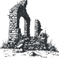 An artistic illustration of ancient stone ruins overgrown with vegetation in a natural landscape.