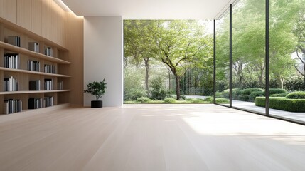 Obraz premium Modern minimalist library with expansive garden views
