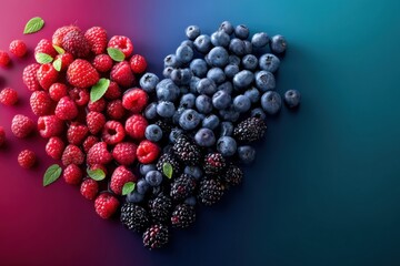 Fresh Berries Arranged in a Heart Shape on a Bold Gradient Backdrop, Creating a Vibrant Visual Display for Any Occasion