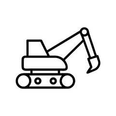 Illustration of a simple black and white excavator with a bucket, tracks, and operator cabin design