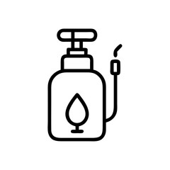 Outline drawing of a liquid soap dispenser with a pump and a hose on a white background view