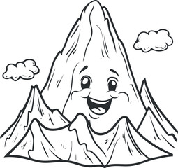 A cheerful cartoon mountain character smiling among other peaks in a playful, whimsical style.
