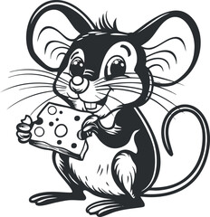 A cute cartoon mouse happily holding a piece of cheese with a big smile.