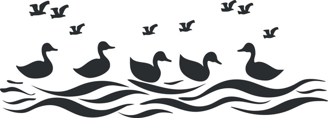A serene silhouette of ducks swimming in water with birds flying overhead in a natural setting.