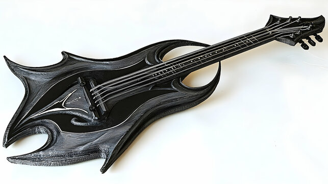 Sleek black electric guitar with flame design, isolated on white background; ideal for music websites