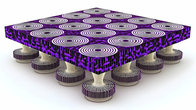 Microscopic purple metamaterial device, intricate design, white background, for scientific publications