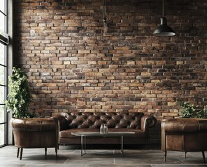 Brown Leather Sofa Brick Wall Room.