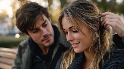 Fototapeta premium Close-up of a young couple sitting on a park bench during autumn, showing intimacy and affection